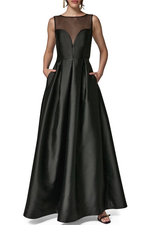 Mesh Yoke Fit & Flare Mikado Gown