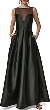 Donna Karan New York Mesh Yoke Fit & Flare Mikado Gown