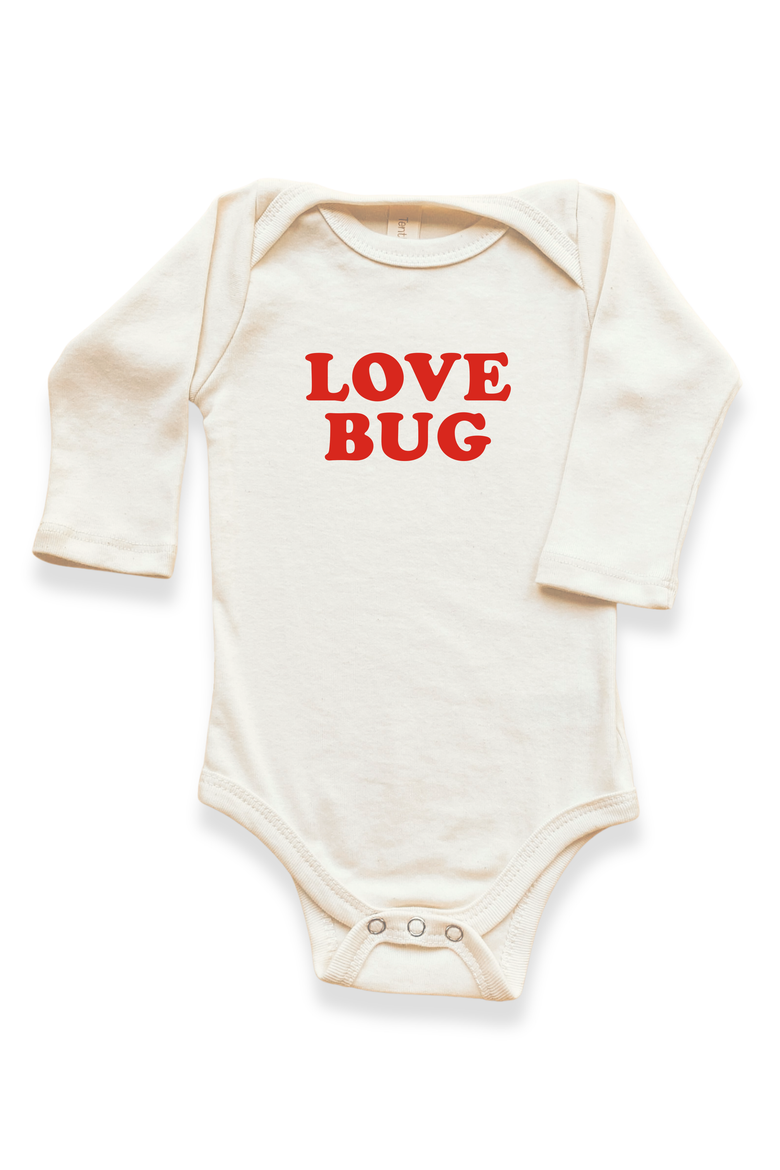 Love Bug Organic Long Sleeve Baby Bodysuit, Main, color, Natural Red Lettering