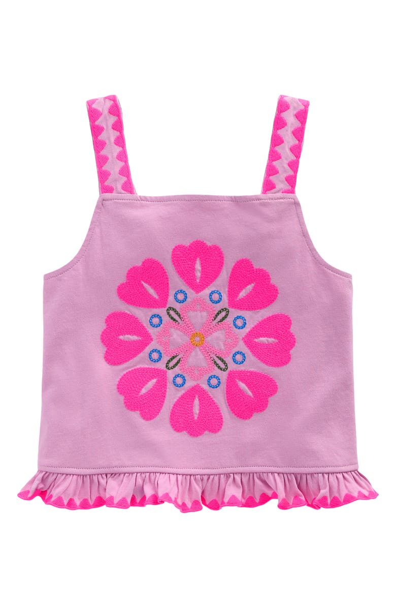 Mini Boden Kids' Embroidered Ruffle Tank, Main, color, Pink Punch Embroidery