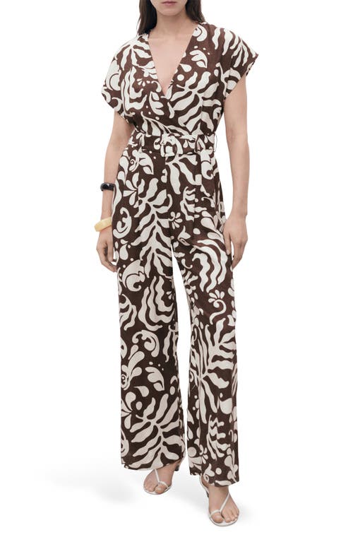 Mango Print Wide Leg Linen Blend Jumpsuit In Brown