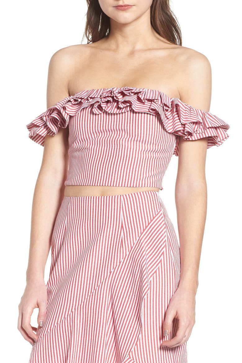Anzio Off the Shoulder Ruffle Crop Top, Main, color, RED STRIPE