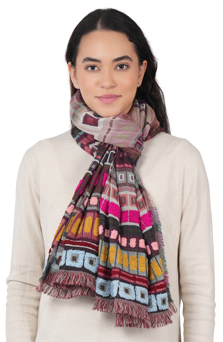 Vismaya Embroidered Cotton & Wool Fringe Scarf, Alternate, color, Wine