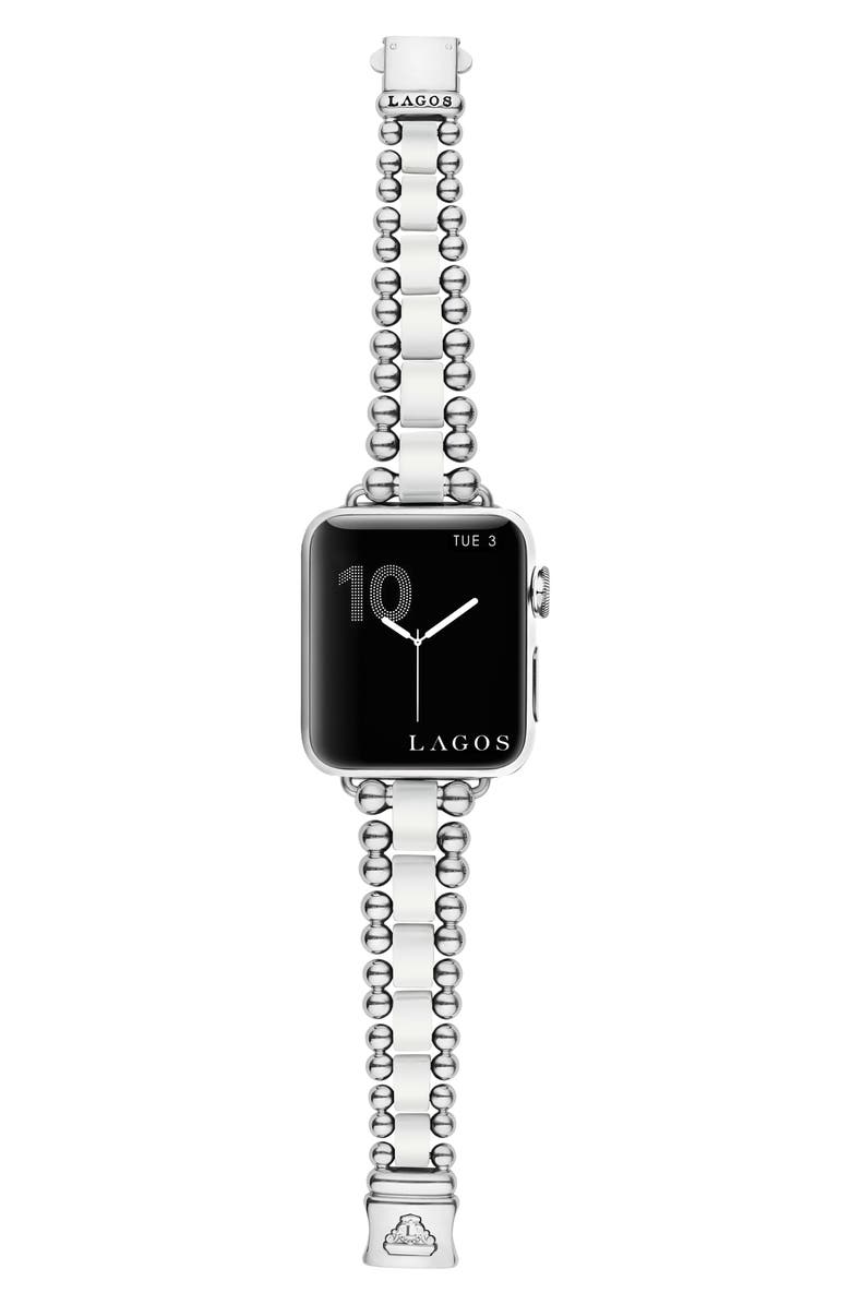 LAGOS Smart Caviar White Ceramic & Stainless Steel 20mm Apple Watch<sup>®</sup> Watchband, Alternate, color, Silver/White