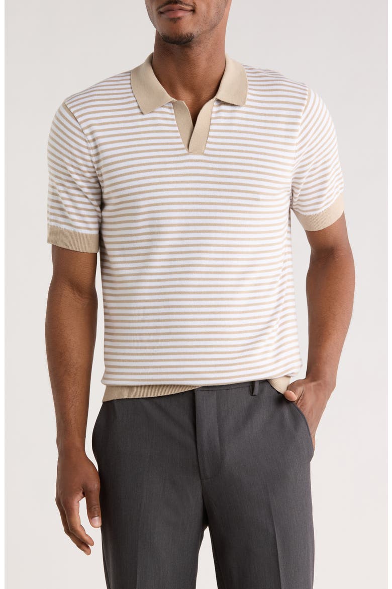 Short Sleeve Johnny Collar Knit Top, Main, color, TAN- WHITE EVAN STRIPE