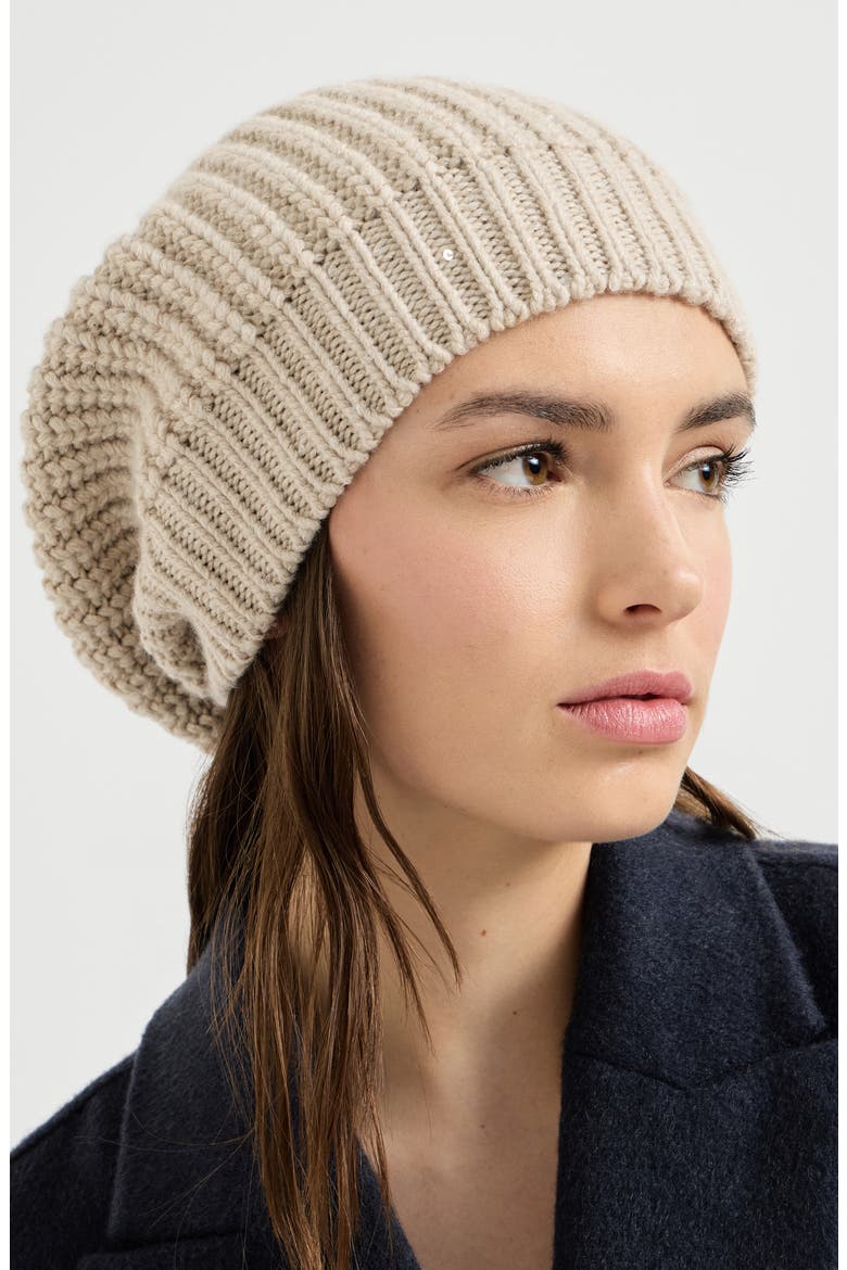 Cashmere and silk Diamond yarn knit beanie, Alternate, color, Beige