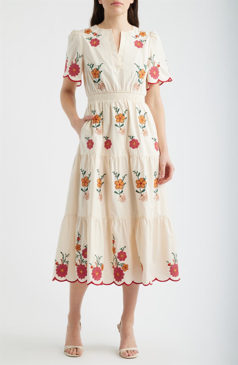 ZOE AND CLAIRE Embroidered Puff Sleeve Midi Dress, Main, color, Red Multi