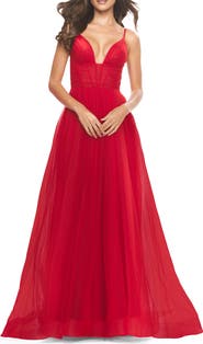 La Femme A-Line Tulle Gown with Illusion Bodice and Boning