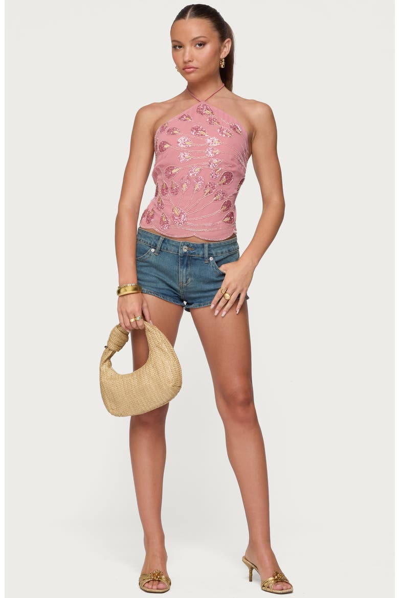 Beaded Sequin Open Back Halter Top, Alternate, color, PINK