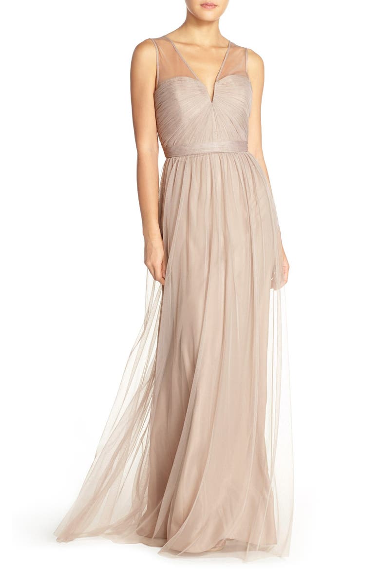 'Alyce' Illusion V-Neck Pleat Tulle Gown, Main, color, LATTE
