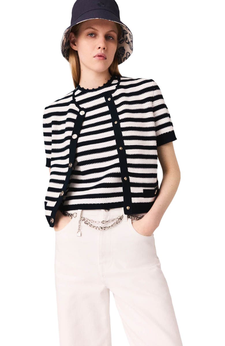 maje Crochet cropped cardigan, Alternate, color, White/Navy