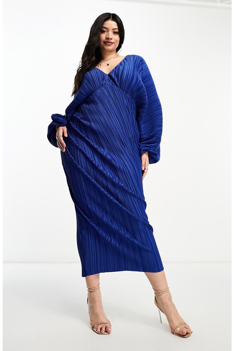 Curve Plissé Long Sleeve Dress, Alternate, color, MEDIUM BLUE