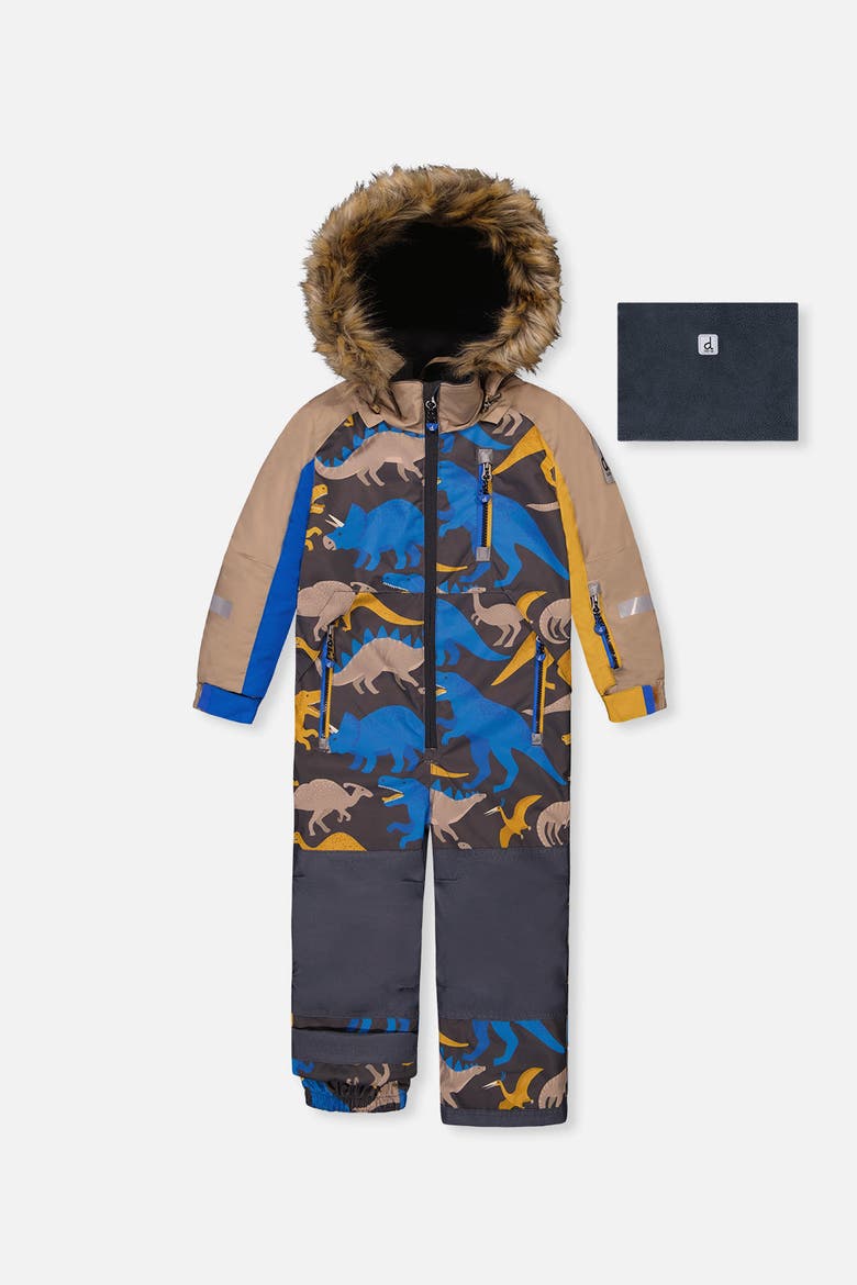 Play Dinosaur Faux Fur Hood Fleece Neckwarmer One Piece Snowsuit, Main, color, Grey and Blue Dinosaur Print