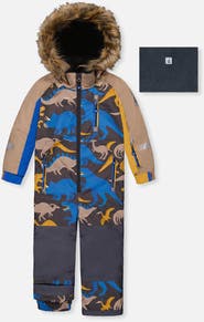 Deux par Deux Play Dinosaur Faux Fur Hood Fleece Neckwarmer One Piece Snowsuit
