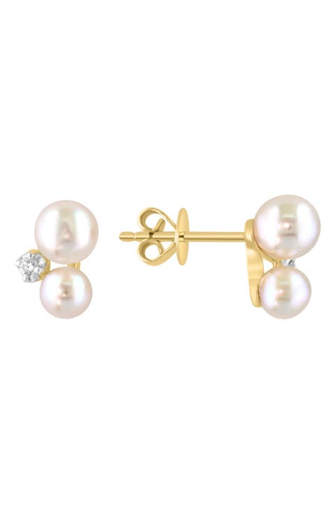 14K Yellow Gold 4–5mm Akoya Pearl & Diamond Stud Earrings - 0.04ct.