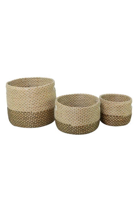 Brown Seagrass Handmade Two-Toned Storage Basket with Handles - Set of 3