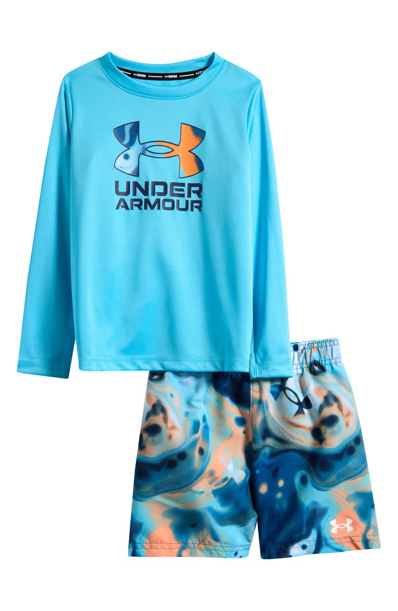 Under Armour Kids' Mixed In Long Sleeve UPF 50+ Rashguard & Swim Trunks Set, Main, color, Fresco Blue