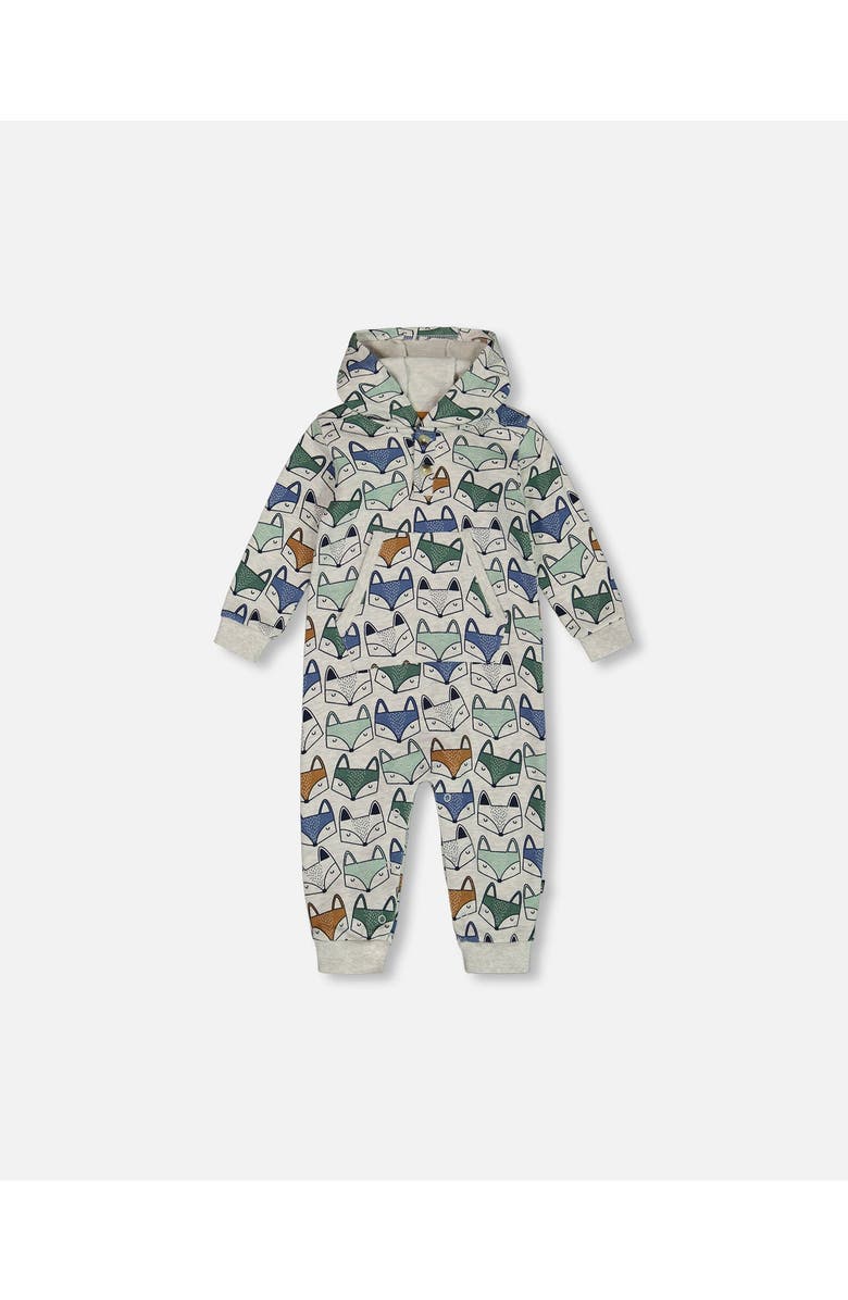 Deux par Deux Baby Boy's Printed Fox Hooded Fleece Jumpsuit Gray Mix, Main, color, 