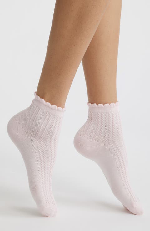 Scallop Cuff Cotton Blend Pointelle Quarter Socks