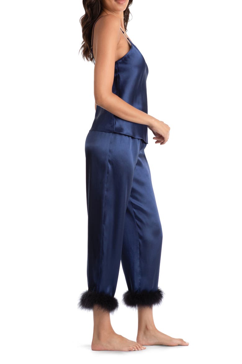 Noelle Feather Trim Satin Pajamas, Alternate, color, BRIGHT NAVY