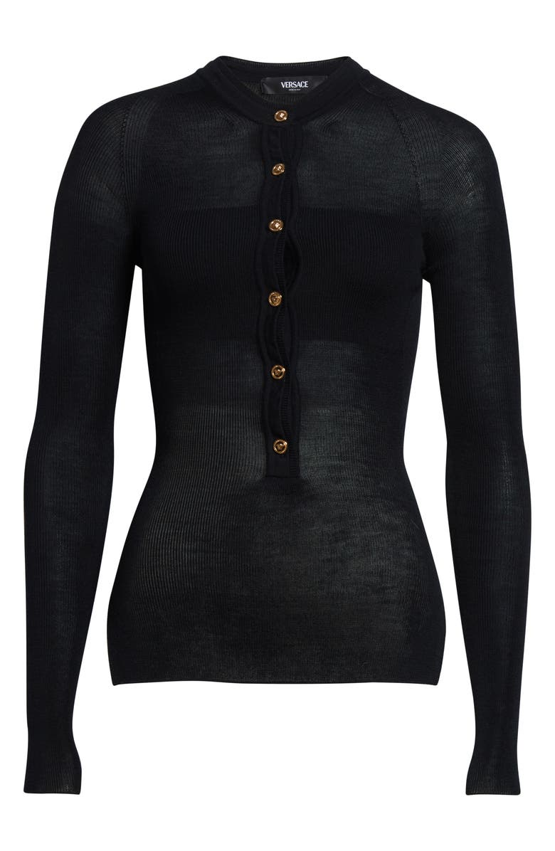 Versace Seamless Virgin Merino Wool Blend Rib Henley Sweater, Alternate, color, Black