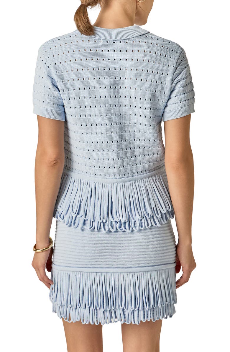 English Factory Fringe Trim Knit Button-Up Top, Alternate, color, Powder Blue