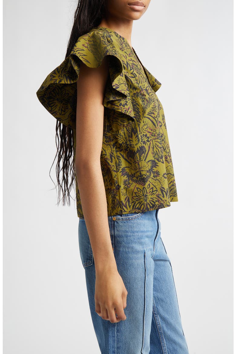 Severine Floral Cotton Flutter Sleeve Top, Alternate, color, OLIVE FLORA