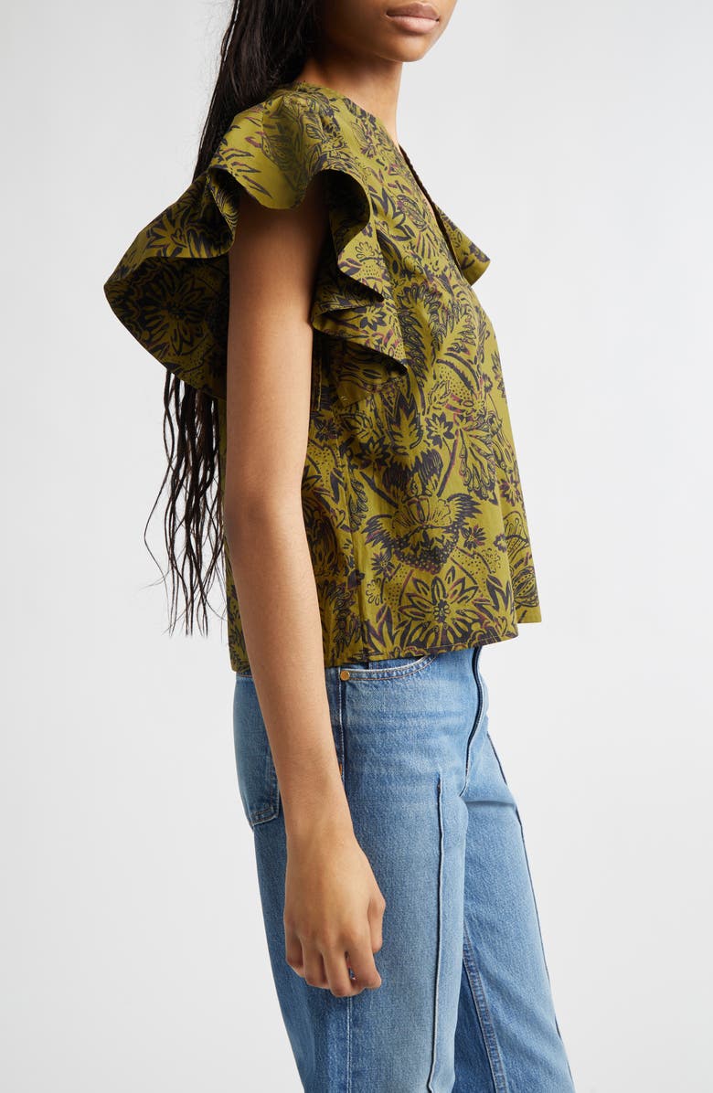 Ulla Johnson Severine Floral Cotton Flutter Sleeve Top, Alternate, color, Olive Flora