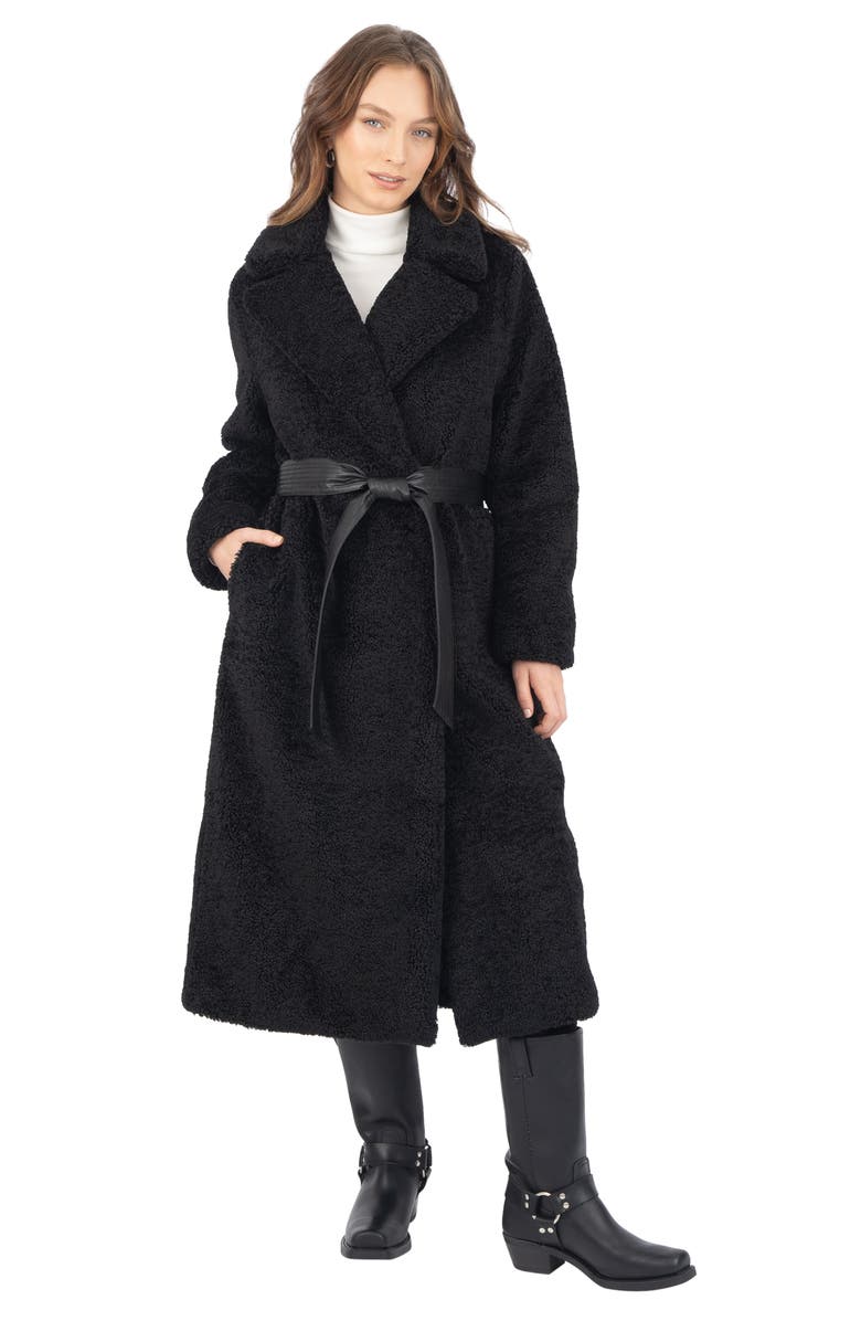 Frye Faux Leather Belted Faux Shearling Coat, Alternate, color,