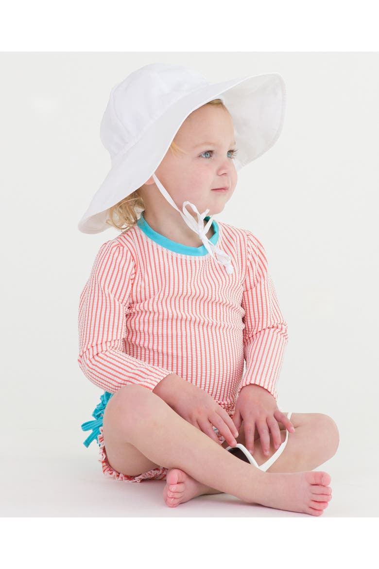 Girls Seersucker Long Sleeve UPF50+ One Piece Rash Guard, Alternate, color, Coral Seersucker