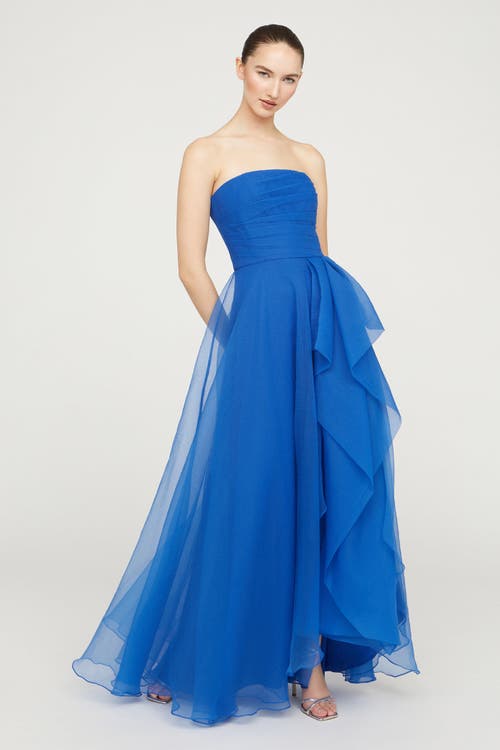 Theia Teresa Draped Strapless Gown In Blue