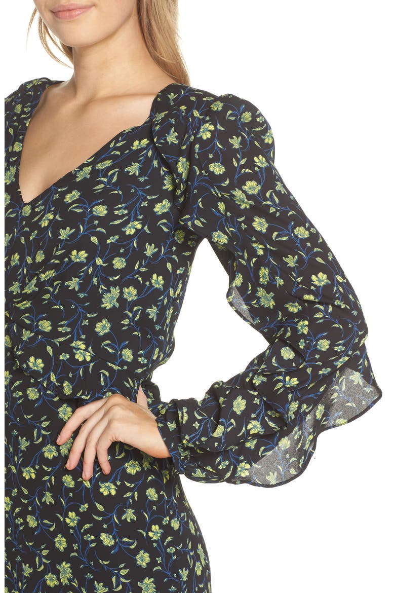 Floral Ruffle Sleeve Dress, Alternate, color, BLACK / BLUE / CHARTREUSE