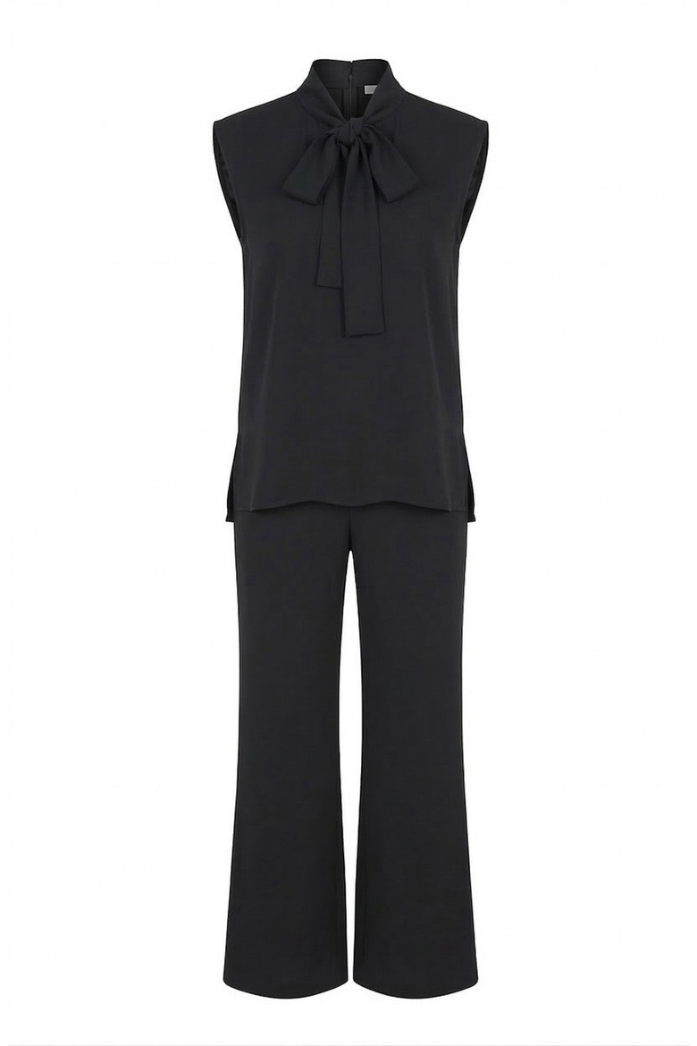 Sleeveless Tie Neck Blouse and Wide Leg Pant Set, Alternate, color, Black