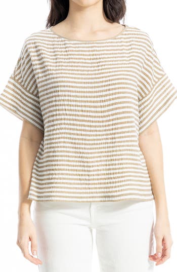Max Studio Stripe Crinkle Drop Shoulder Top In Neutral