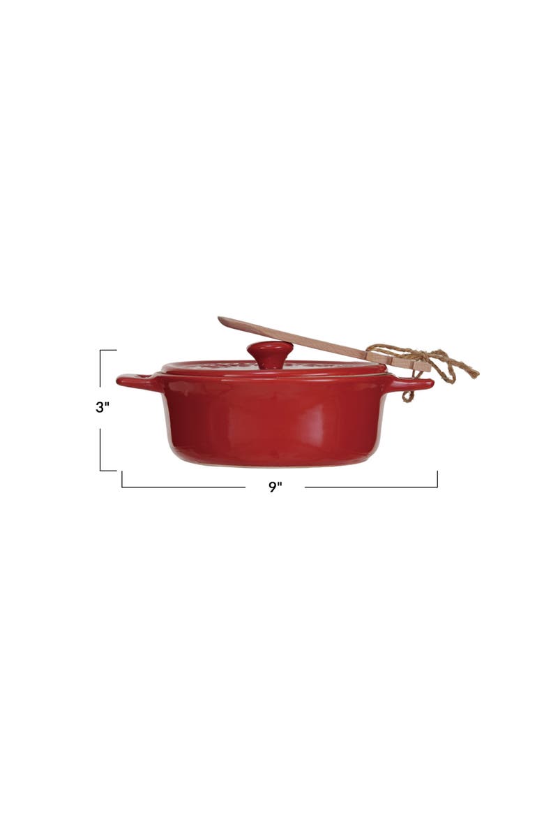 Stoneware Brie Baker with Wood Tree Shaped Spoon and Reactive Glaze, Alternate, color, Red