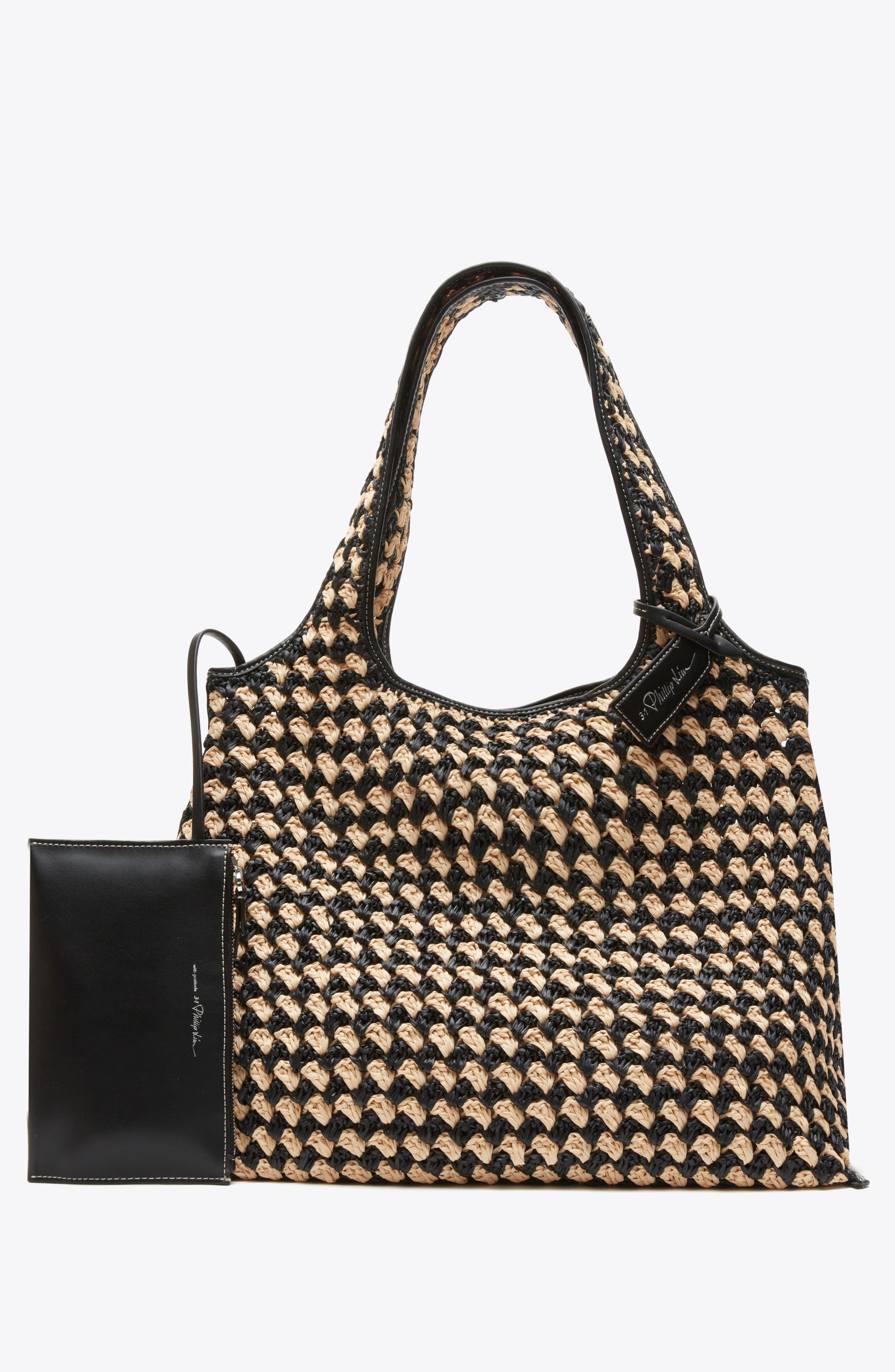 3.1 Phillip Lim Crochet Raffia Market Tote Bag, Main, color, Black-Buckwheat