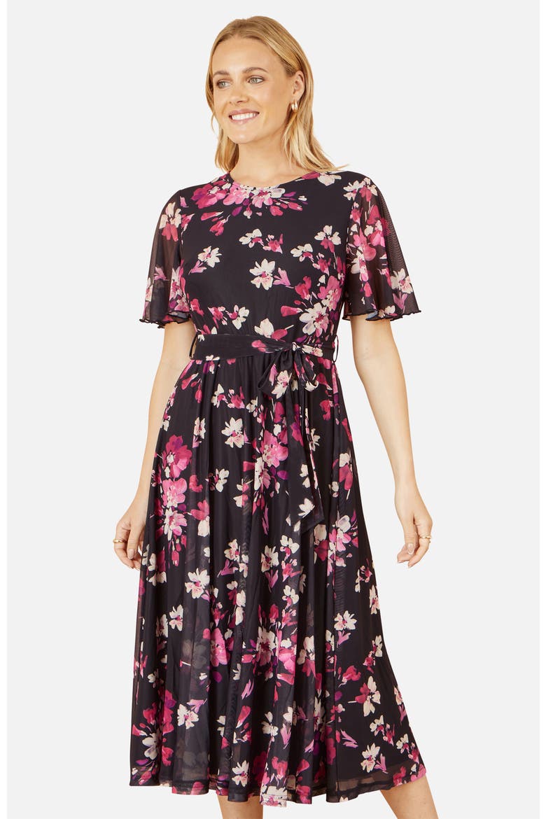 Mesh Skater Floral Midi Dress, Alternate, color, Black