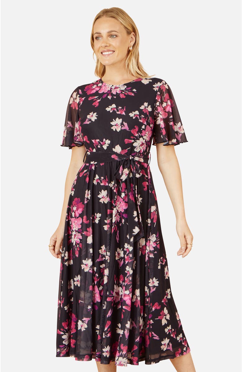 Yumi Mesh Skater Floral Midi Dress, Alternate, color,