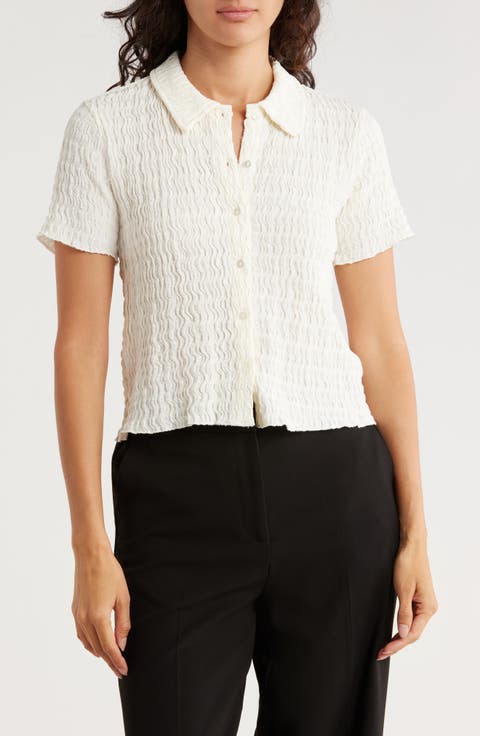 Short Sleeve Textured Button-Up Crop Top