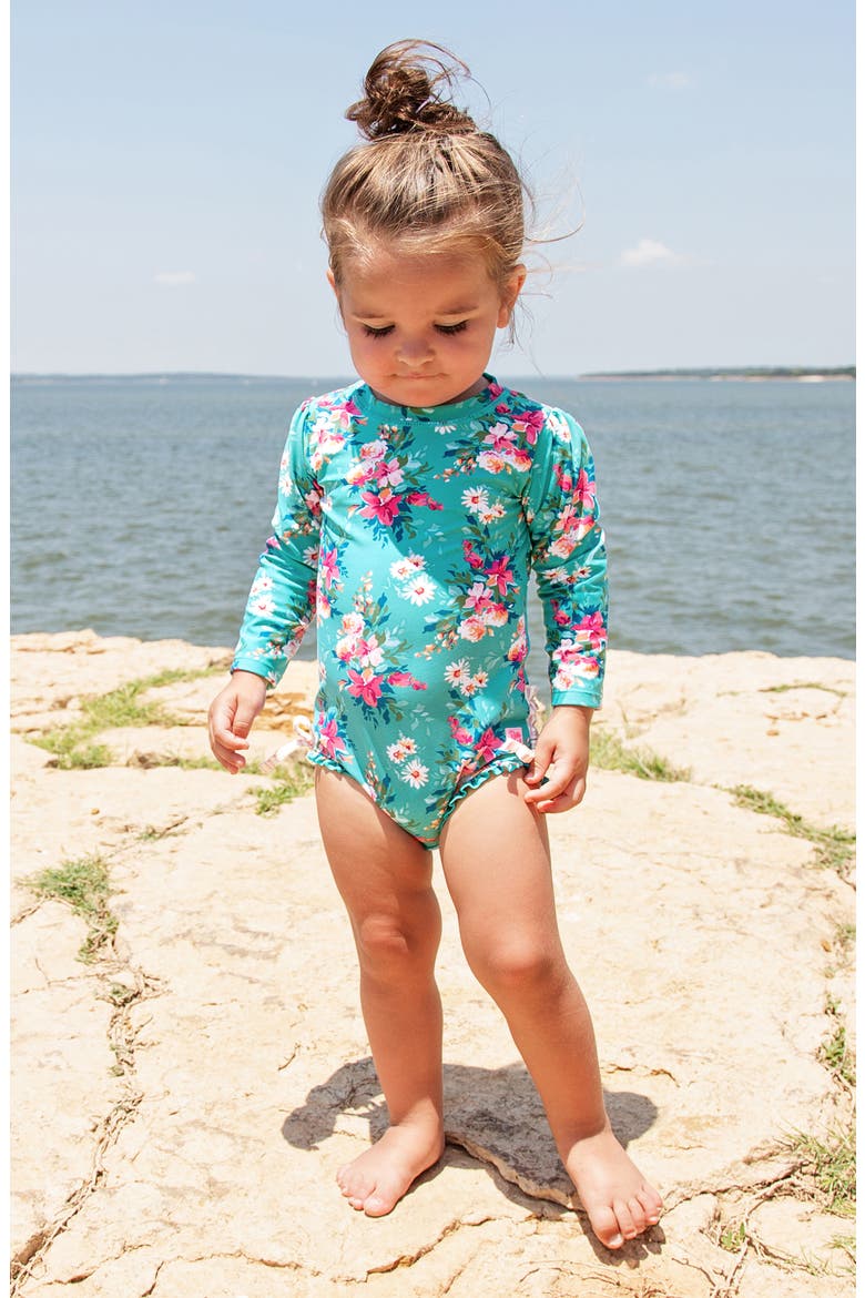 One-Piece Rashguard Swimsuit & Sun Hat Set, Alternate, color, BLUE