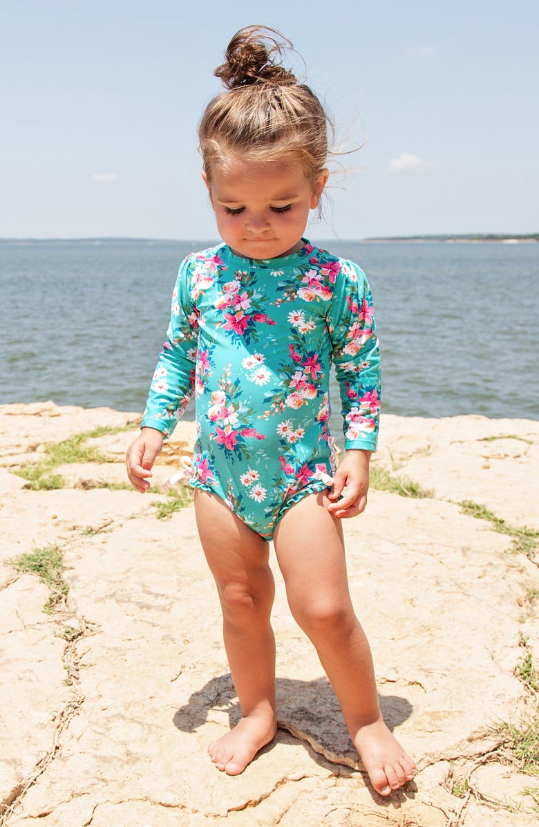 RuffleButts One-Piece Rashguard Swimsuit & Sun Hat Set, Alternate, color, 