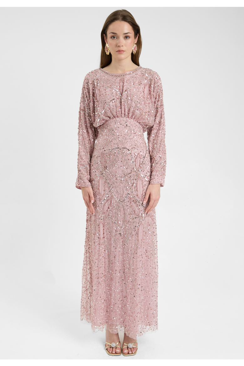 Modest Embellished Sequin Beaded Dress Maxi With long Flowey Sleeves, Main, color, FROSTED PINK