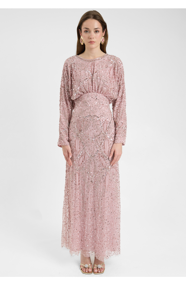 MARYISA Modest Embellished Sequin Beaded Dress Maxi With long Flowey Sleeves, Main, color, Frosted Pink