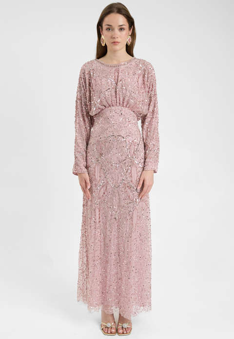 Modest Embellished Sequin Beaded Dress Maxi With long Flowey Sleeves