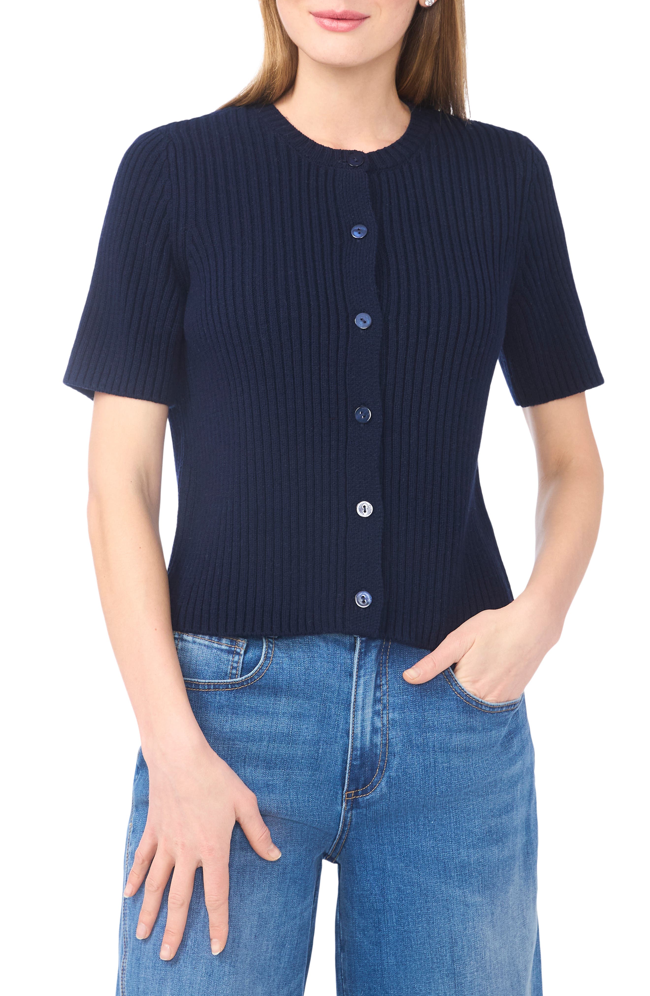 Halogen ® Ribbed Short Sleeve Cardigan In Blue