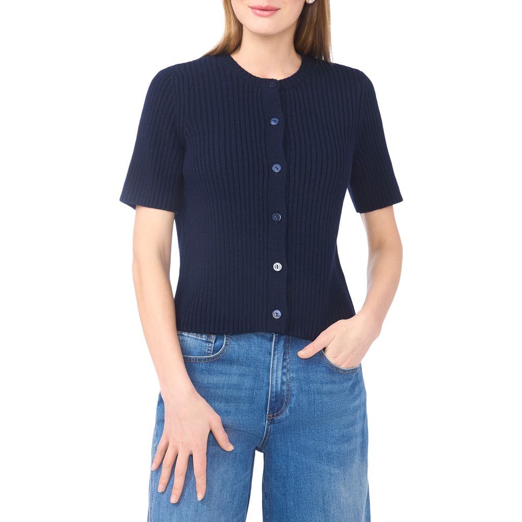 Halogen ® Ribbed Short Sleeve Cardigan In Blue