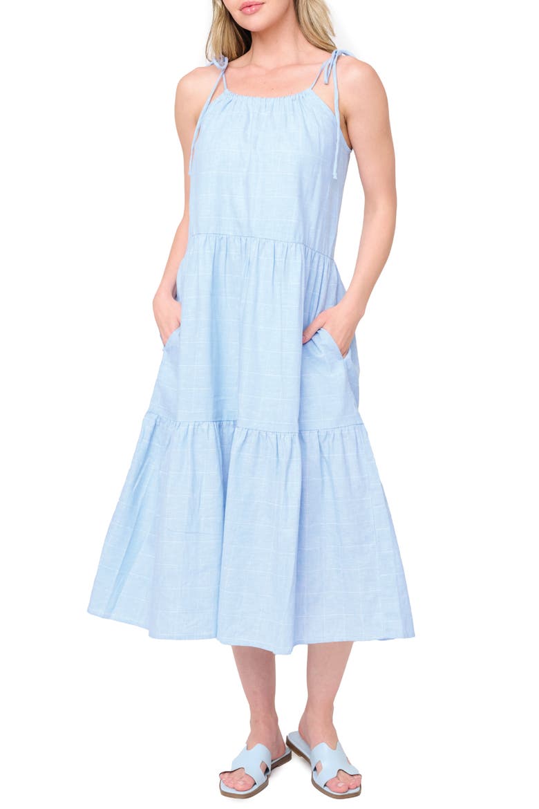 Tie Shoulder Tiered Midi Dress, Main, color, SKY PLAID