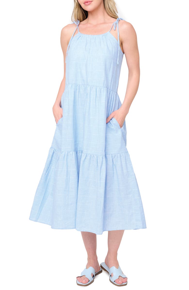 GIBSONLOOK Tie Shoulder Tiered Midi Dress, Main, color, Sky Plaid