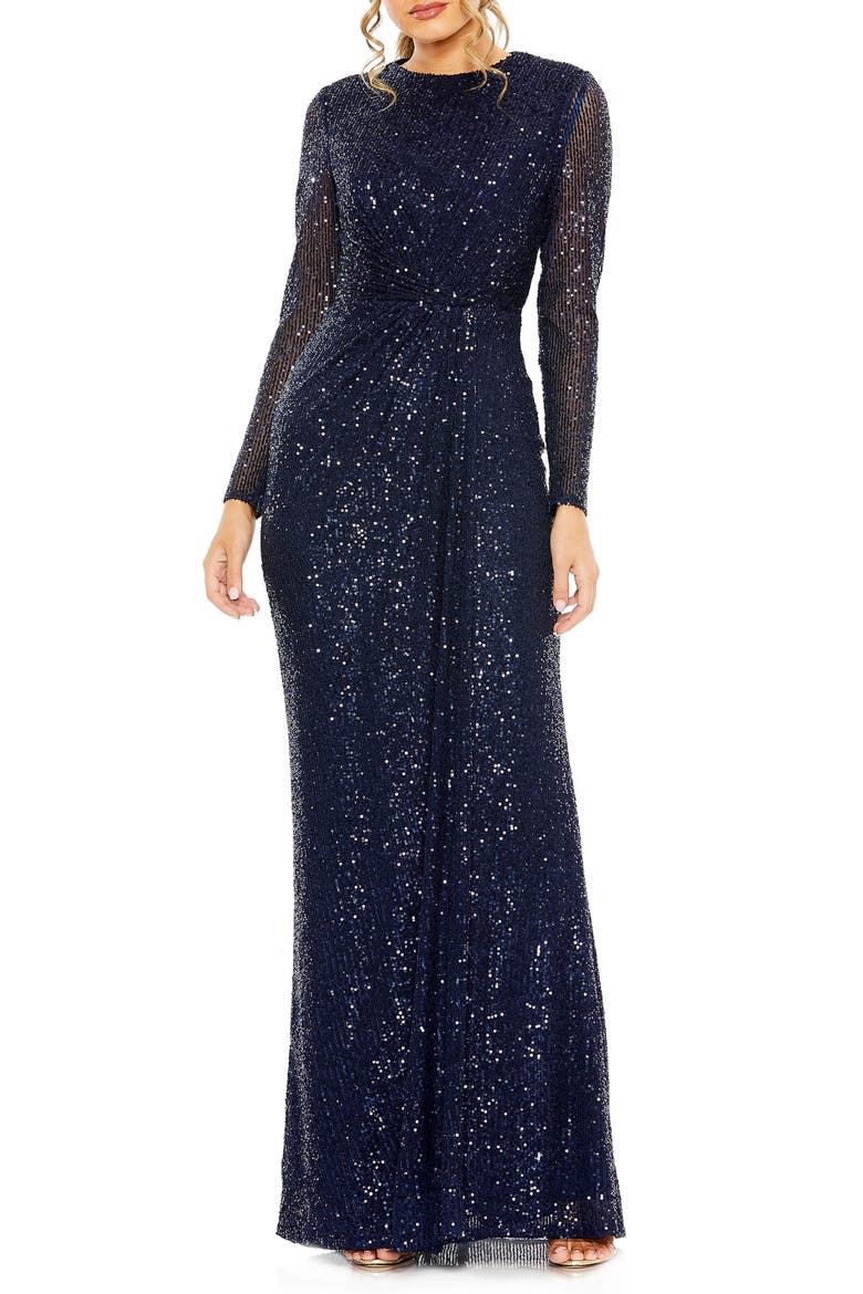 Women’s Long Sleeve Sequin  Column Gown with Side Knot, Main, color, MIDNIGHT