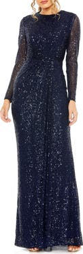 Ieena for Mac Duggal Women’s Long Sleeve Sequin Column Gown with Side Knot